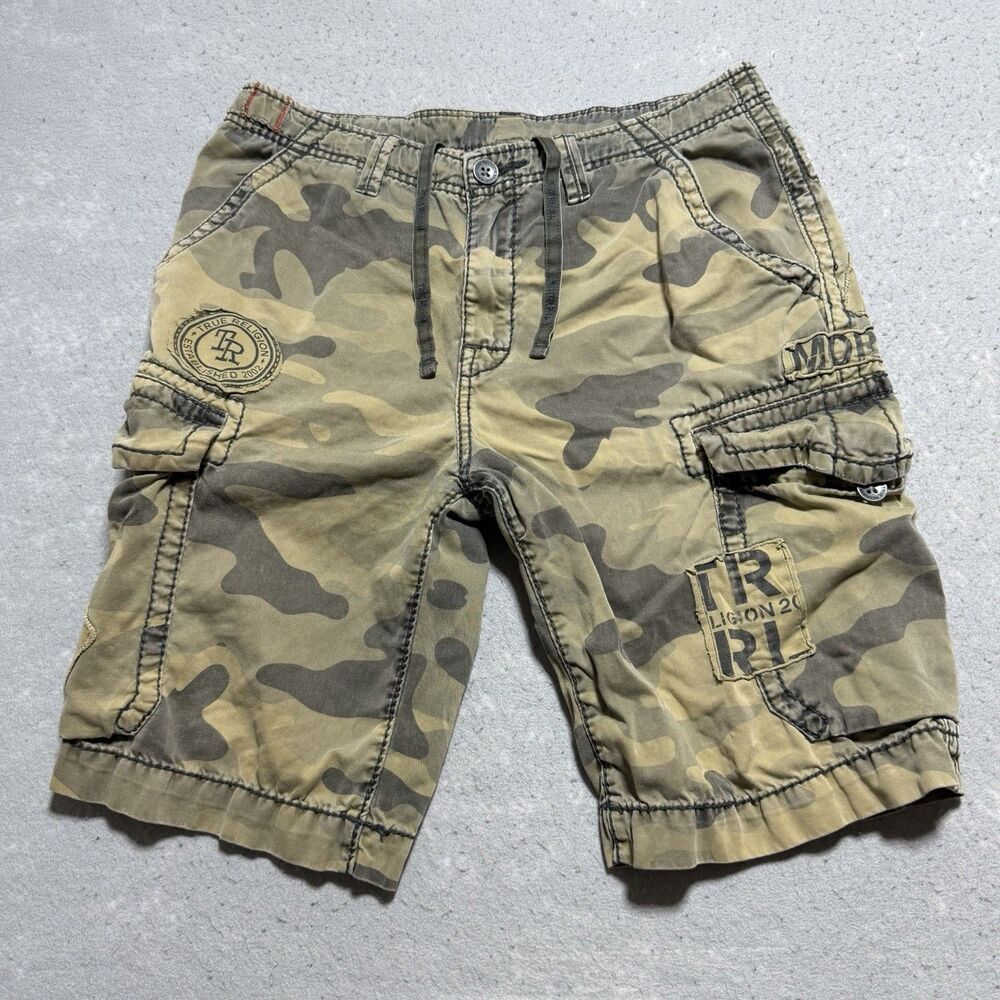 True Religion Camo Cargo Shorts Mens Size 33 Olive Green Military Flap Pocket